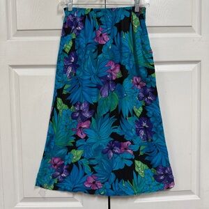 Tropical Exotic Floral A-Line Skirt in Blue & Green Women’s Size S